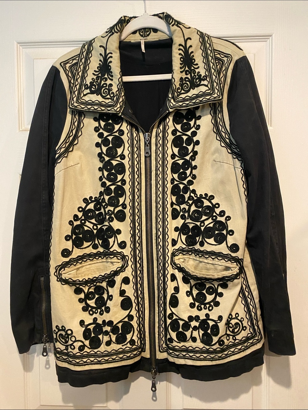 Free People Cream & Black Embroidered Zip Jacket
